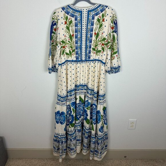 Farm Rio Off White Macaw Flight Maxi Dress L Boho Linen Blend Tiered Summer - Picture 12 of 14